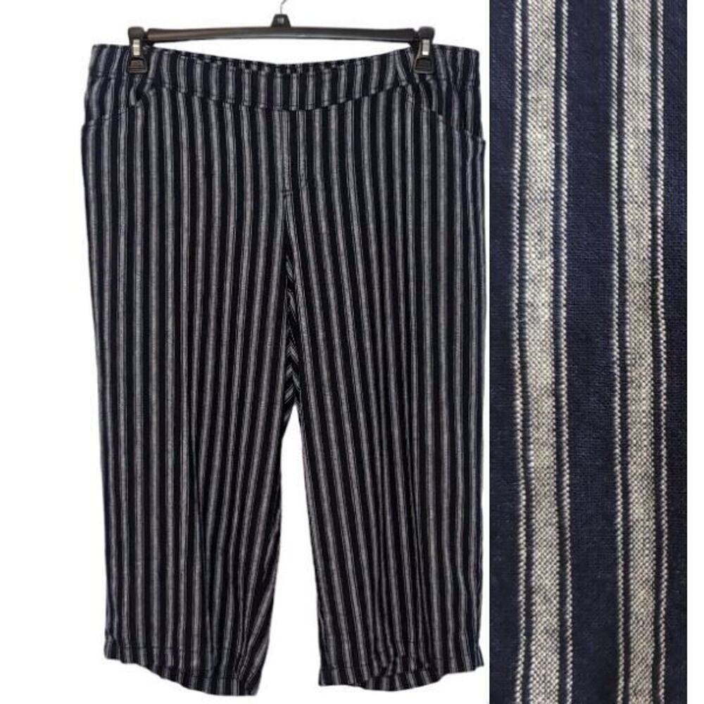 Lane Bryant Pull On Wide Leg Crop Pants Plus Size 18 Navy Stripe Linen Pockets‎